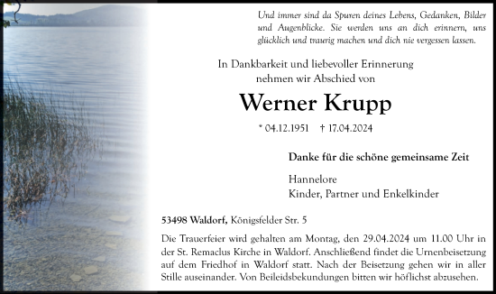Traueranzeige von Werner Krupp von Rhein-Zeitung