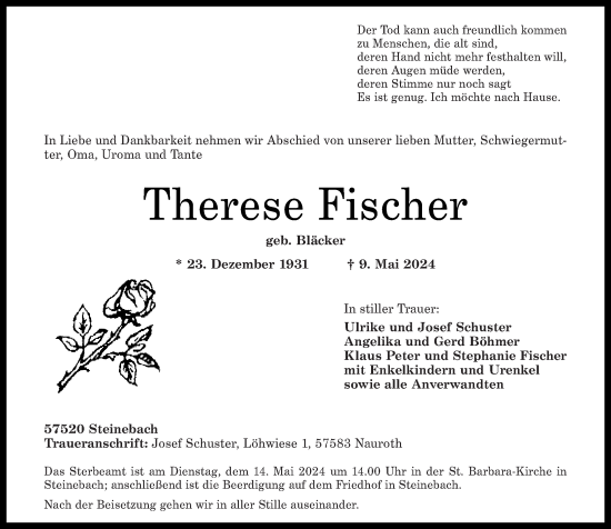 Traueranzeige von Therese Fischer von Rhein-Zeitung