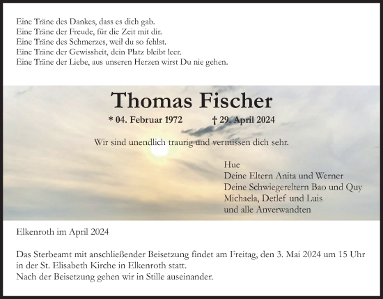 Traueranzeige von Thomas Fischer von Rhein-Zeitung