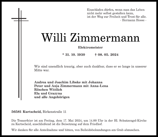 Traueranzeige von Willi Zimmermann von Rhein-Zeitung