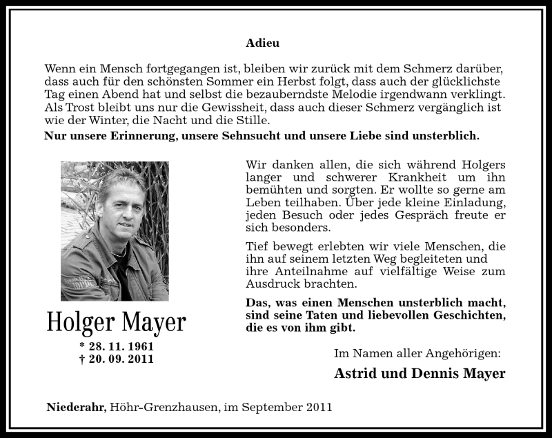  Traueranzeige für Holger Mayer vom 08.10.2011 aus Westerwälder Zeitung