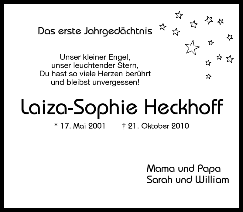  Traueranzeige für Laiza-Sophie Heckhoff vom 21.10.2011 aus Rhein-Zeitung