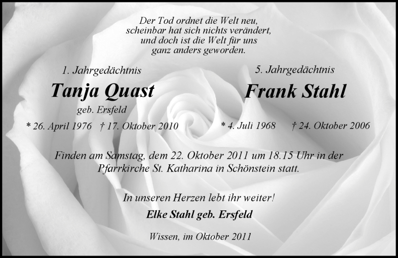  Traueranzeige für Tanja Quast vom 17.10.2011 aus Rhein-Zeitung
