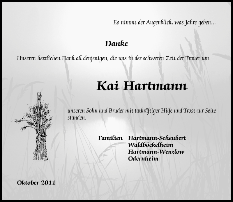  Traueranzeige für Kai Hartmann vom 22.10.2011 aus Oeffentlicher Anzeiger