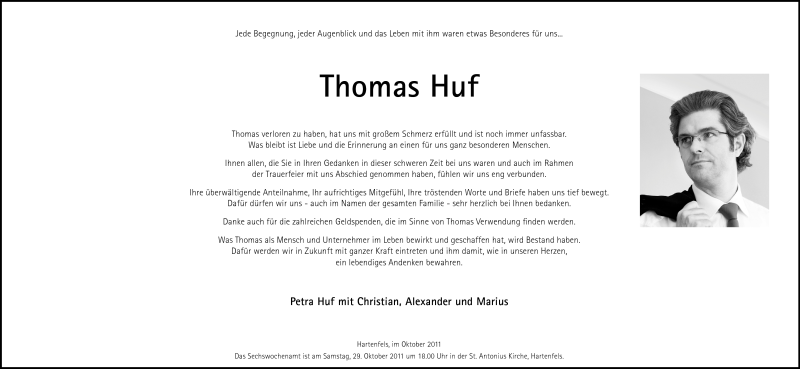  Traueranzeige für Thomas Huf vom 22.10.2011 aus Rhein-Zeitung