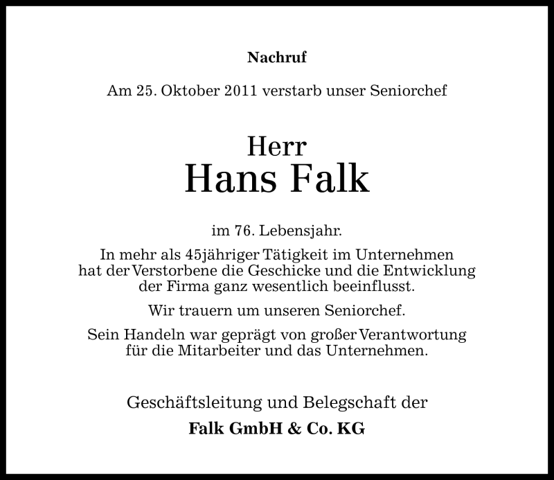  Traueranzeige für Hans Falk vom 27.10.2011 aus Rhein-Zeitung