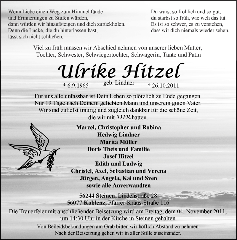  Traueranzeige für Ulrike Hitzel vom 29.10.2011 aus Rhein-Zeitung