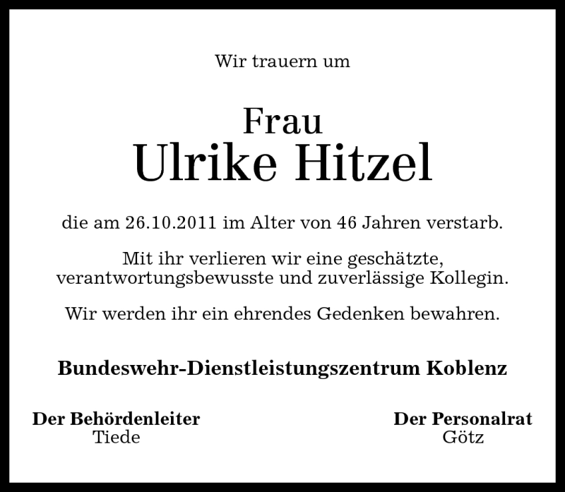  Traueranzeige für Ulrike Hitzel vom 29.10.2011 aus Westerwälder Zeitung