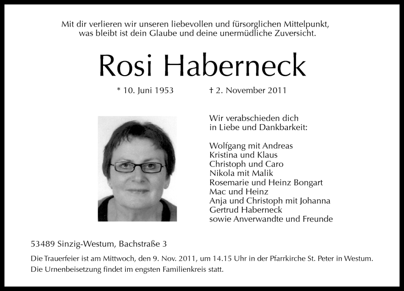  Traueranzeige für Rosi Haberneck vom 05.11.2011 aus Rhein-Zeitung