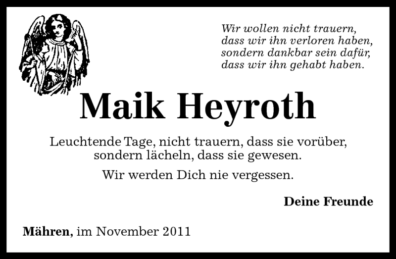  Traueranzeige für Maik Heyroth vom 07.11.2011 aus Westerwälder Zeitung
