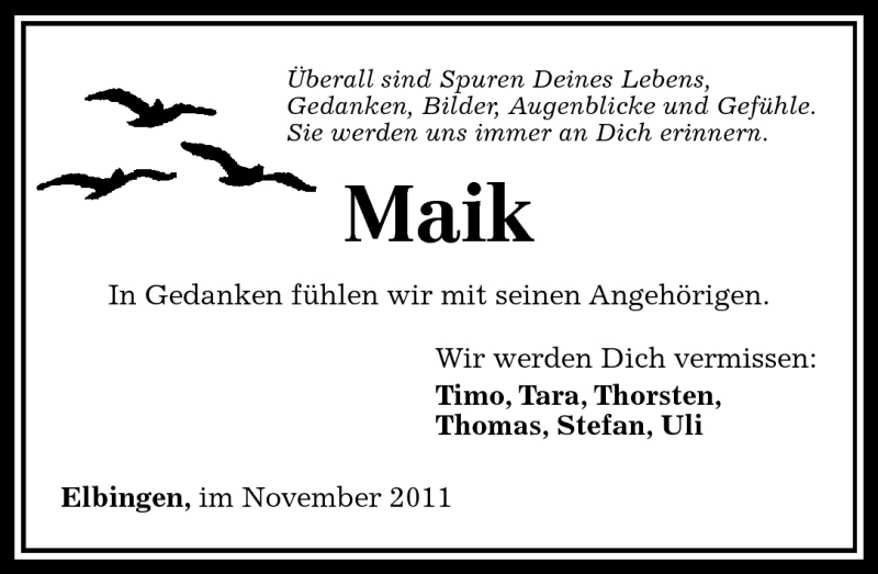  Traueranzeige für Maik Heyroth vom 07.11.2011 aus Westerwälder Zeitung