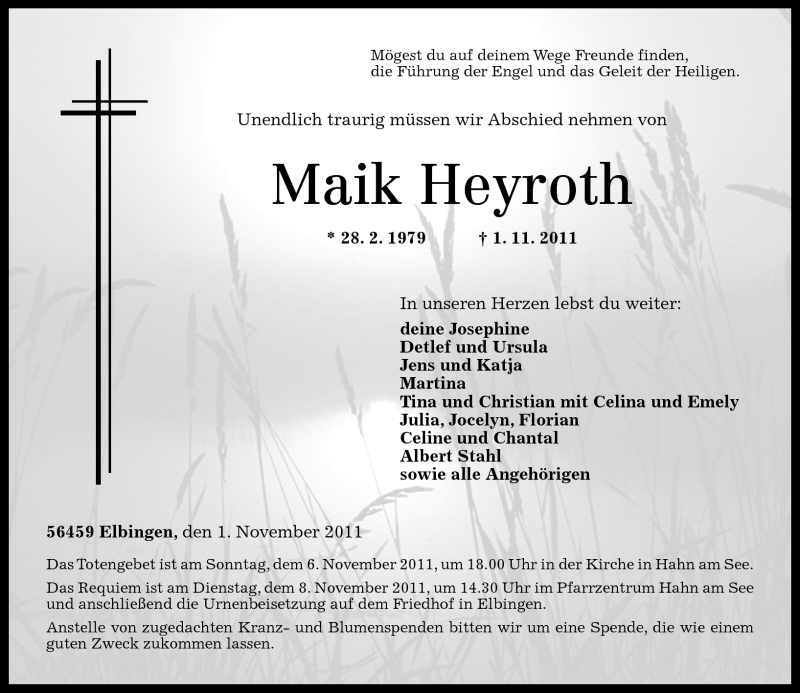  Traueranzeige für Maik Heyroth vom 05.11.2011 aus Westerwälder Zeitung