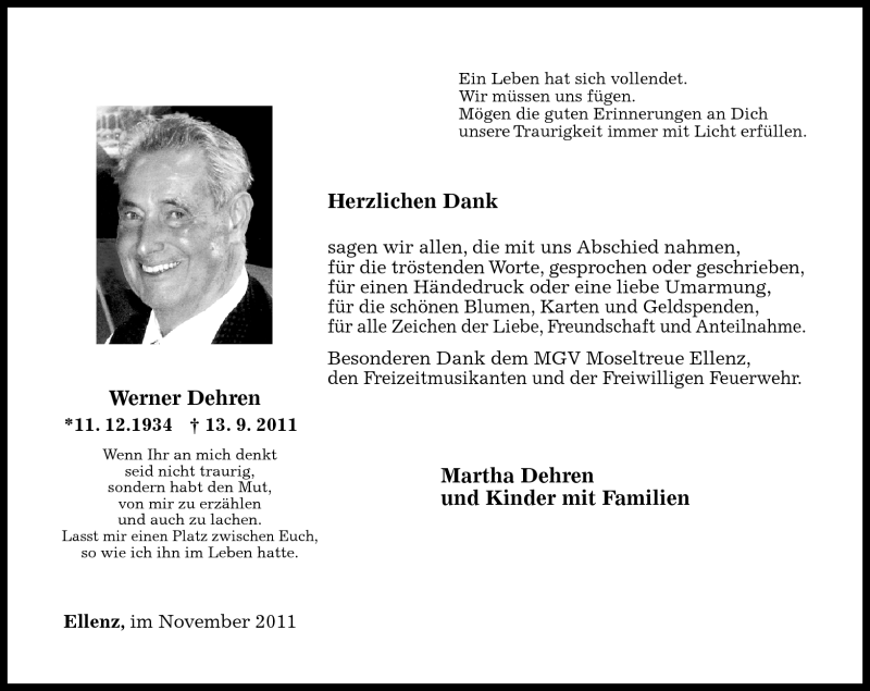  Traueranzeige für Werner Dehren vom 12.11.2011 aus Rhein-Zeitung