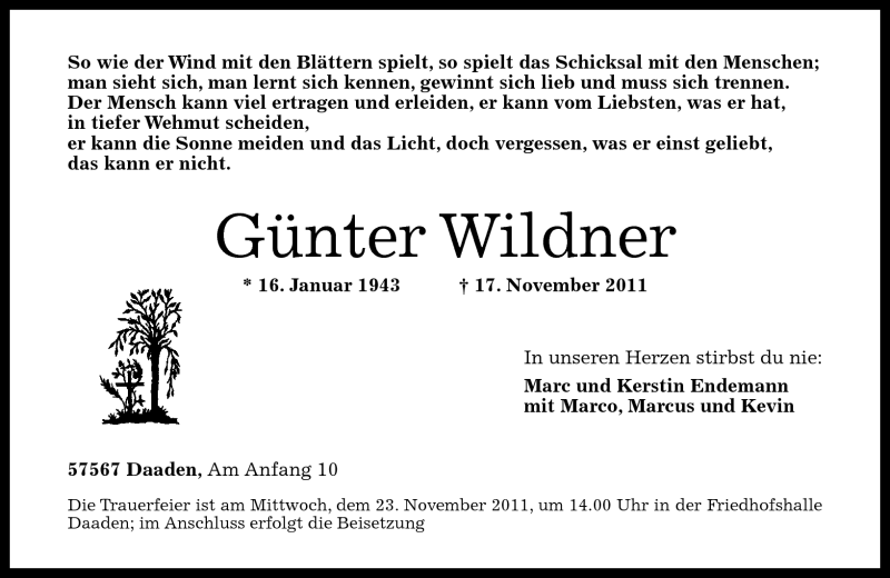 Traueranzeige für Günter Wildner vom 21.11.2011 aus Rhein-Zeitung