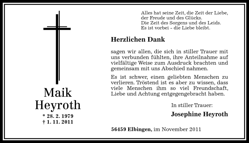  Traueranzeige für Maik Heyroth vom 26.11.2011 aus Westerwälder Zeitung