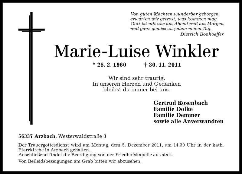  Traueranzeige für Marie-Luise Winkler vom 02.12.2011 aus Rhein-Lahn-Zeitung
