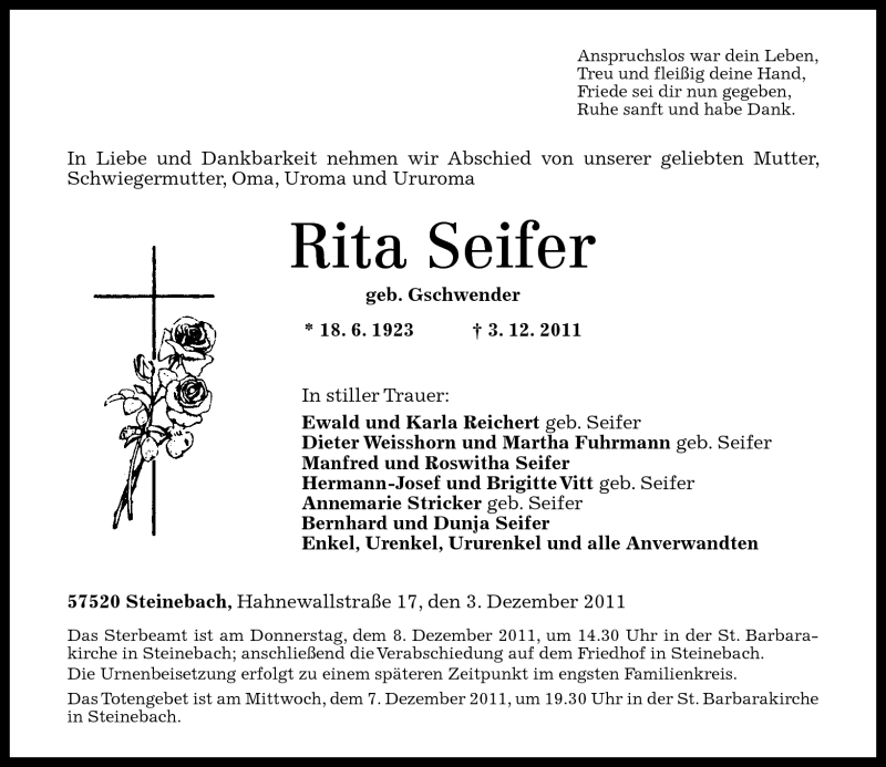  Traueranzeige für Rita Seifer vom 06.12.2011 aus Rhein-Zeitung