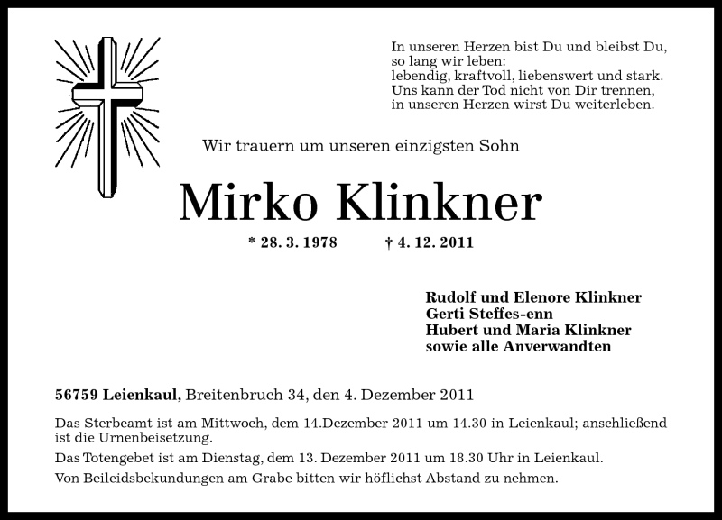  Traueranzeige für Mirko Klinkner vom 10.12.2011 aus Rhein-Zeitung