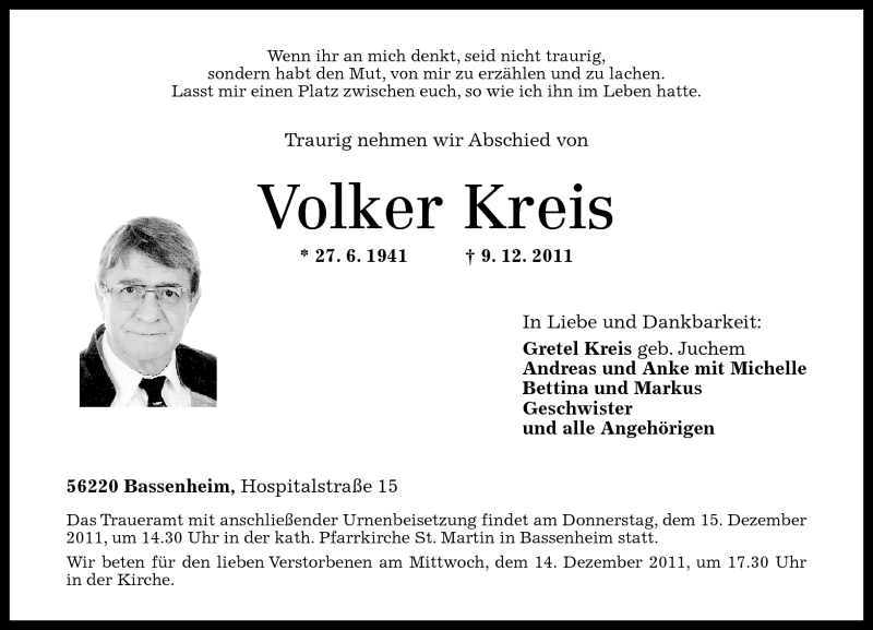  Traueranzeige für Volker Kreis vom 12.12.2011 aus Rhein-Zeitung