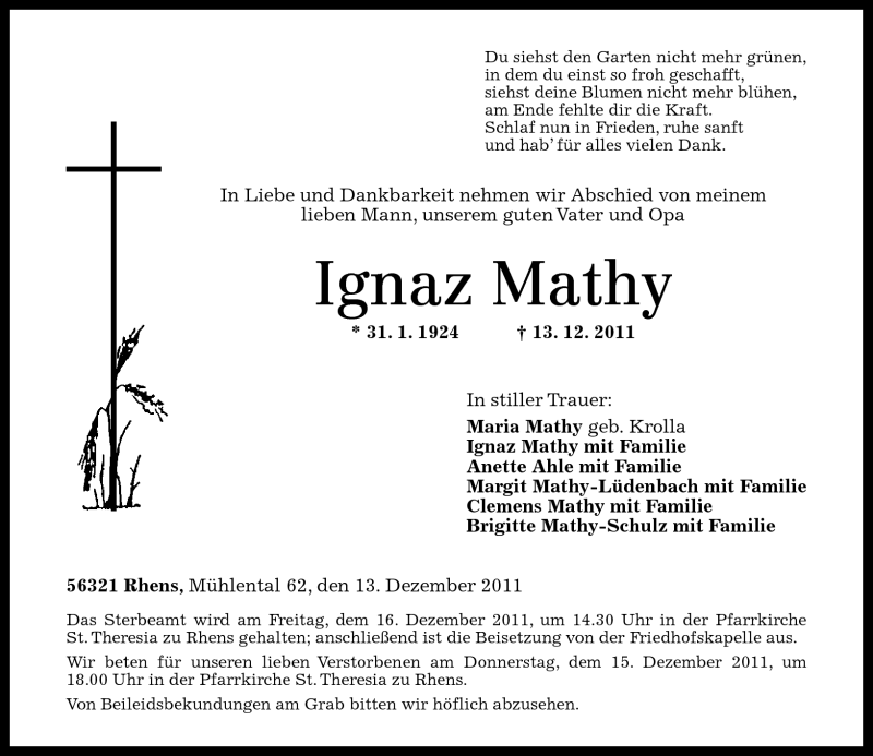  Traueranzeige für Ignaz Mathy vom 14.12.2011 aus Rhein-Zeitung