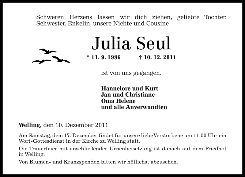  Traueranzeige für Julia Seul vom 15.12.2011 aus Rhein-Zeitung