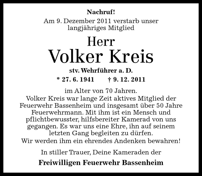  Traueranzeige für Volker Kreis vom 17.12.2011 aus Rhein-Zeitung
