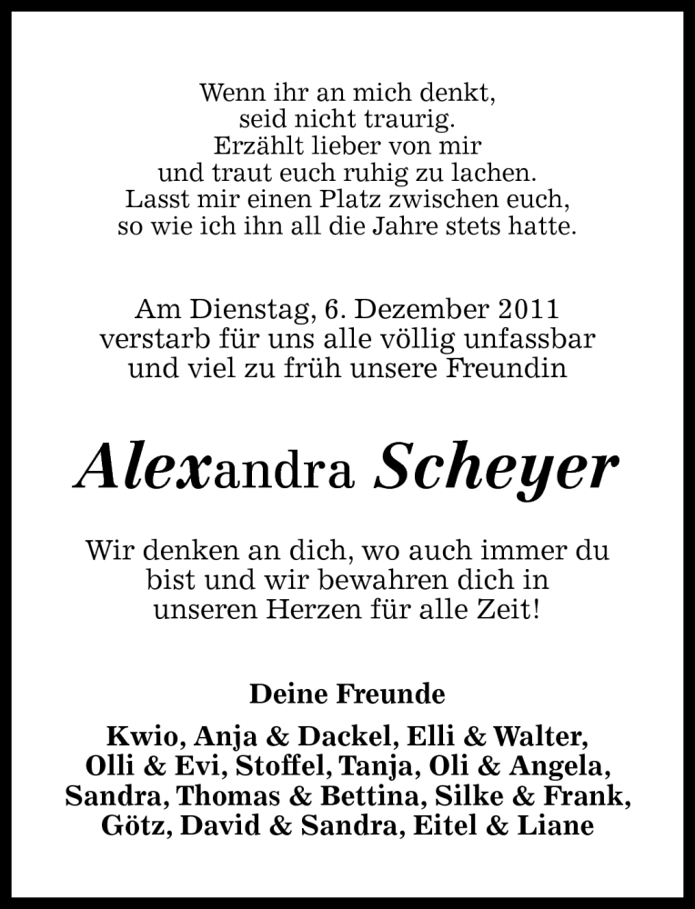  Traueranzeige für Alexandra Scheyer vom 17.12.2011 aus Rhein-Zeitung