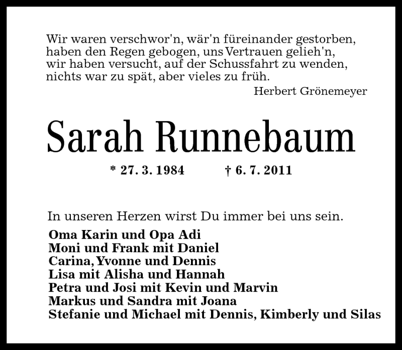  Traueranzeige für Sarah Runnebaum vom 09.07.2011 aus Rhein-Zeitung