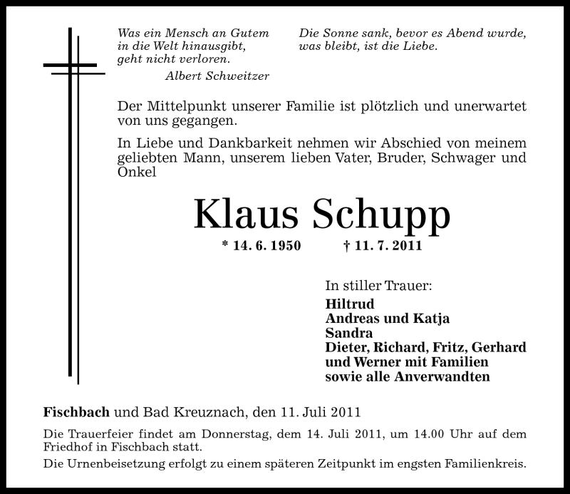  Traueranzeige für Klaus Schupp vom 13.07.2011 aus Nahe-Zeitung