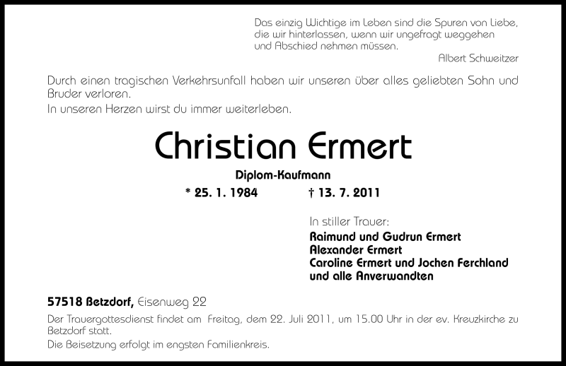  Traueranzeige für Christian Ermert vom 16.07.2011 aus Rhein-Zeitung