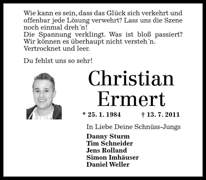  Traueranzeige für Christian Ermert vom 18.07.2011 aus Rhein-Zeitung