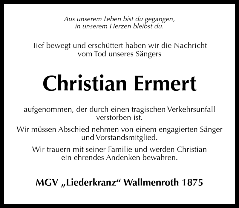  Traueranzeige für Christian Ermert vom 19.07.2011 aus Rhein-Zeitung