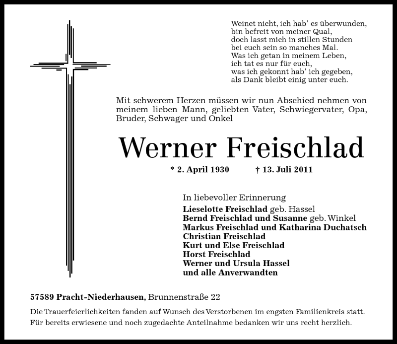  Traueranzeige für Werner Freischlad vom 20.07.2011 aus Rhein-Zeitung