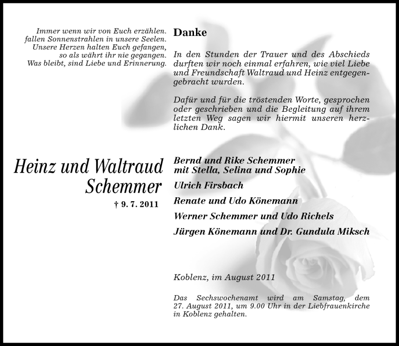  Traueranzeige für Heinz und Waltraut Schemmer vom 20.08.2011 aus Rhein-Zeitung