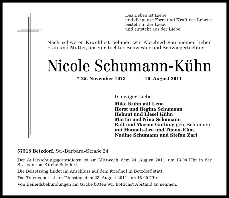  Traueranzeige für Nicole Schumann-Kühn vom 22.08.2011 aus Rhein-Zeitung