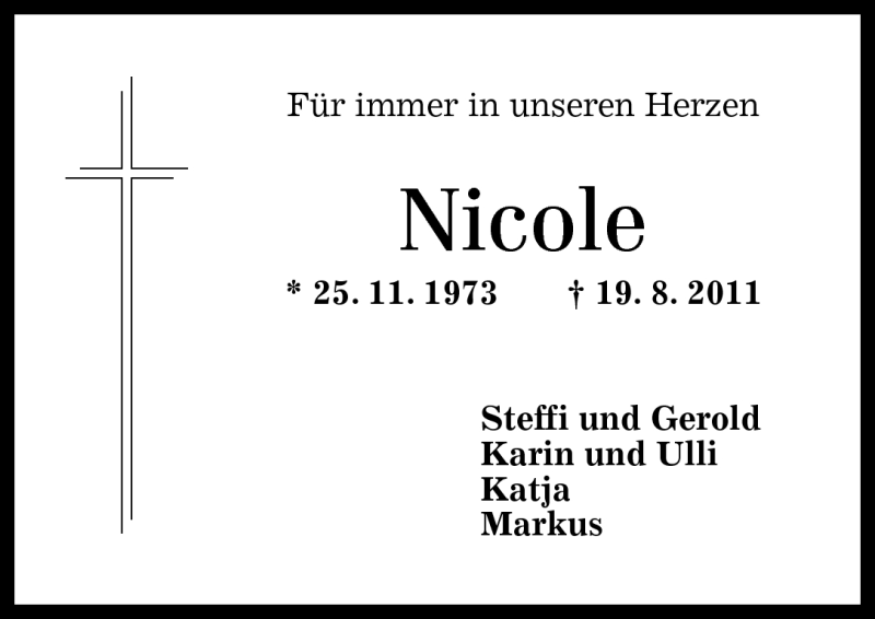  Traueranzeige für Nicole Schumann-Kühn vom 23.08.2011 aus Rhein-Zeitung