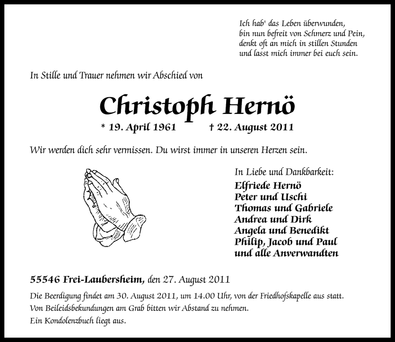  Traueranzeige für Christoph Hernö vom 27.08.2011 aus Oeffentlicher Anzeiger