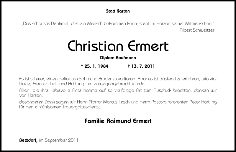  Traueranzeige für Christian Ermert vom 03.09.2011 aus Rhein-Zeitung