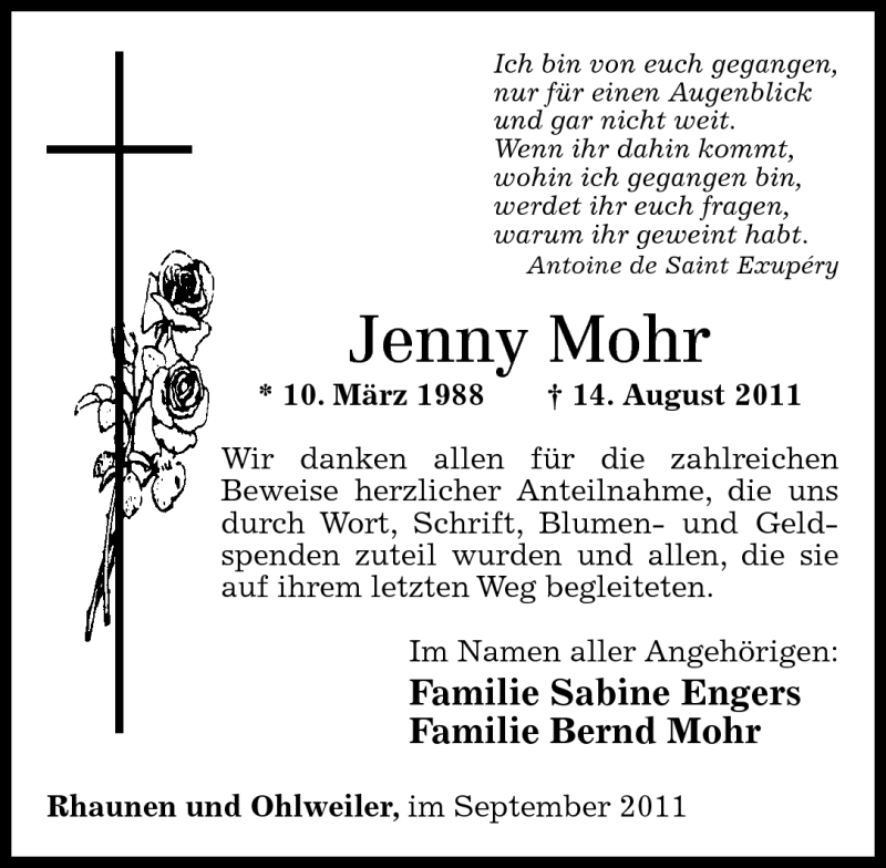  Traueranzeige für Jenny Mohr vom 14.09.2011 aus Rhein-Hunsrück-Zeitung