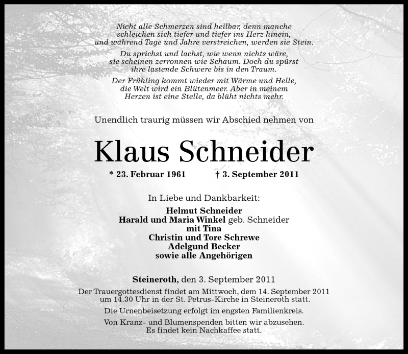  Traueranzeige für Klaus Schneider vom 08.09.2011 aus Rhein-Zeitung