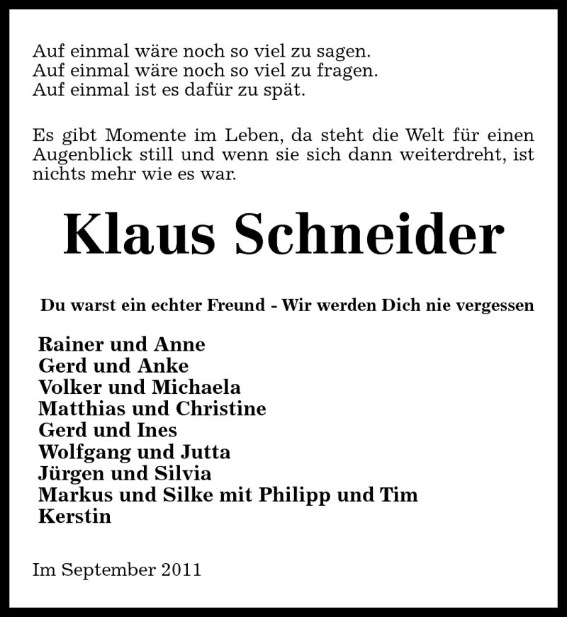  Traueranzeige für Klaus Schneider vom 10.09.2011 aus Rhein-Zeitung