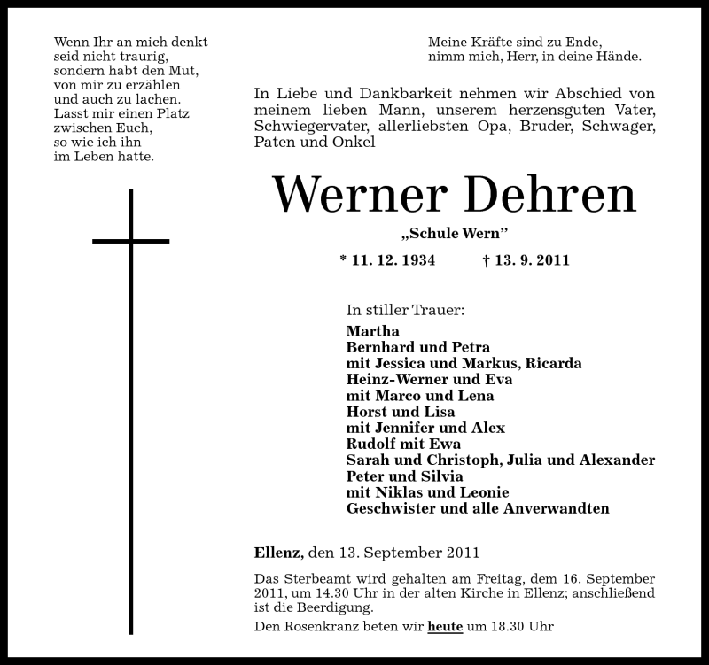  Traueranzeige für Werner Dehren vom 15.09.2011 aus Rhein-Zeitung