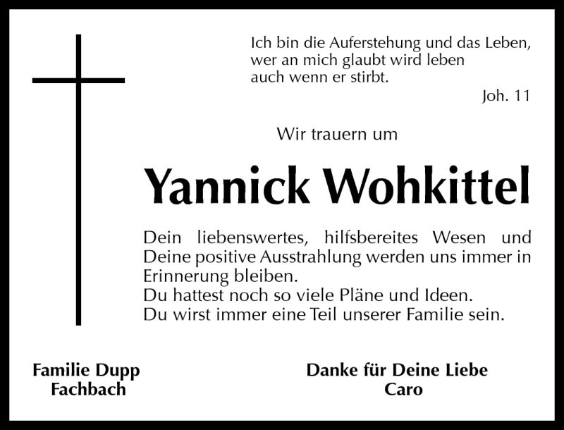  Traueranzeige für Yannick Wohkittel vom 21.09.2011 aus Rhein-Lahn-Zeitung