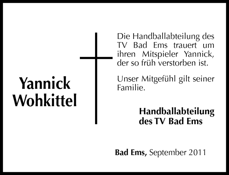  Traueranzeige für Yannick Wohkittel vom 23.09.2011 aus Rhein-Lahn-Zeitung