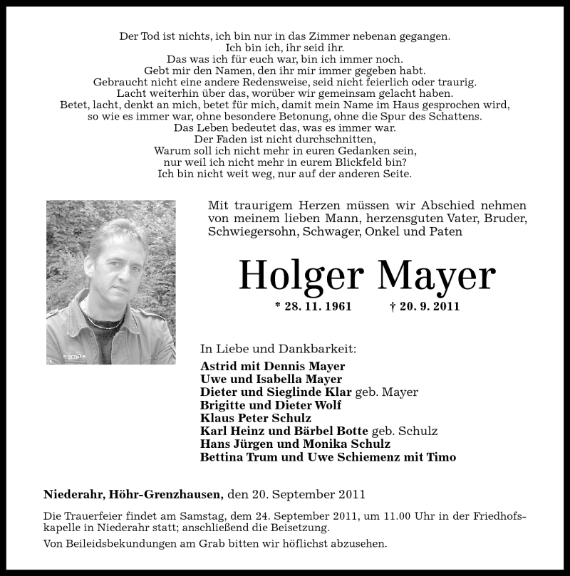  Traueranzeige für Holger Mayer vom 22.09.2011 aus Westerwälder Zeitung