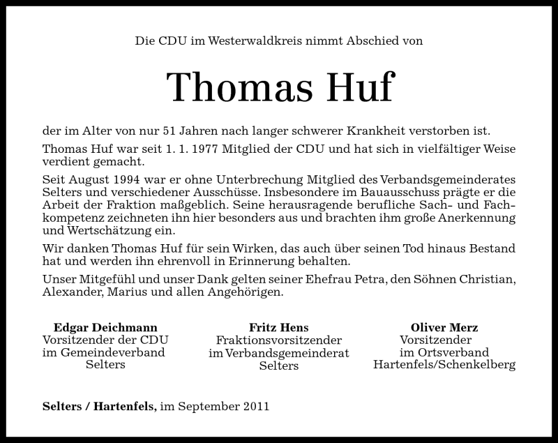  Traueranzeige für Thomas Huf vom 23.09.2011 aus Westerwälder Zeitung