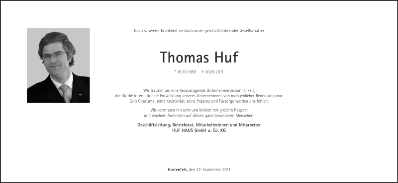  Traueranzeige für Thomas Huf vom 22.09.2011 aus Rhein-Zeitung