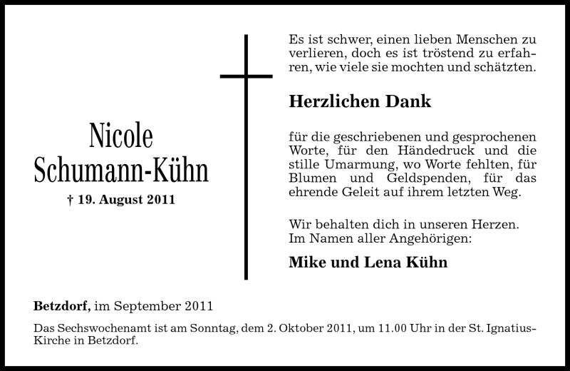  Traueranzeige für Nicole Schumann-Kühn vom 24.09.2011 aus Rhein-Zeitung