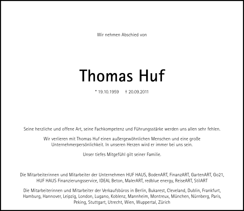  Traueranzeige für Thomas Huf vom 23.09.2011 aus Rhein-Zeitung