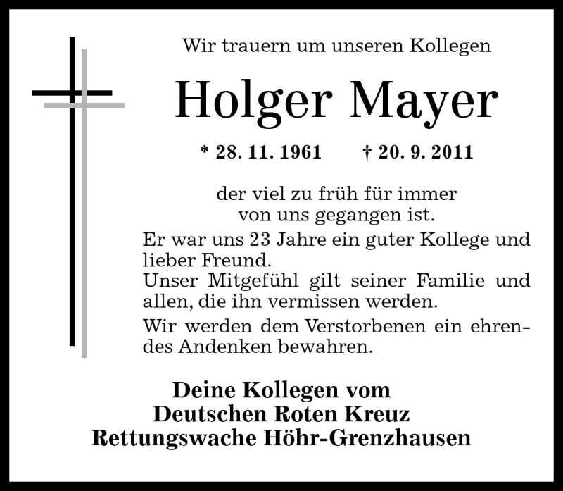  Traueranzeige für Holger Mayer vom 23.09.2011 aus Westerwälder Zeitung